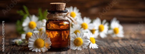 Chamomile essential oil in a small bottle. Selective focus. Generative AI,