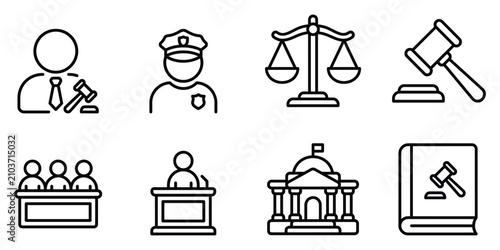 Photos Collection of legal and justice line art icons representing law enforcement and