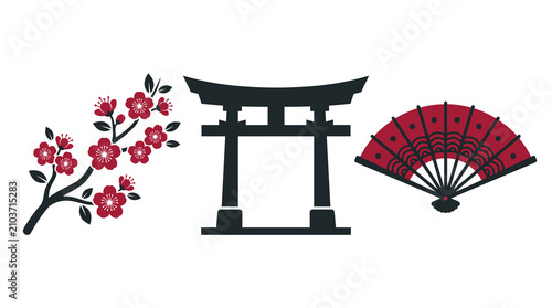 Japanese cultural set with cherry blossom branch torii gate and traditional folding fan icon.