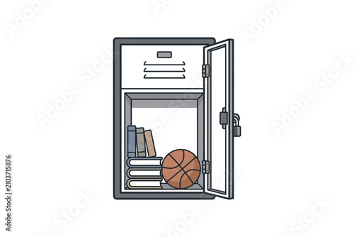 An open school locker containing books and a basketball.