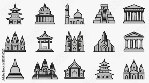 Bild auf Leinwand Modern Minimalist Line Drawing Icons Set of Famous Architectural Landmarks and S