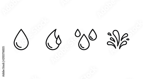 Water Droplet Icon Set – Rain Drop and Splash Outline Vector Symbol