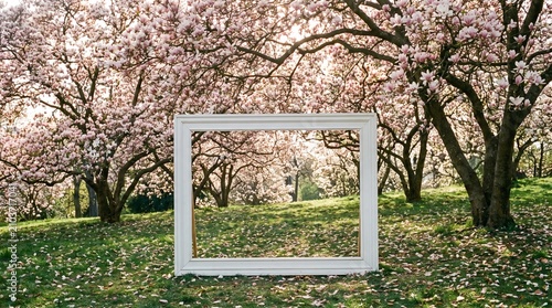 Empty Picture Frame in a Blooming Magnolia Tree Garden.