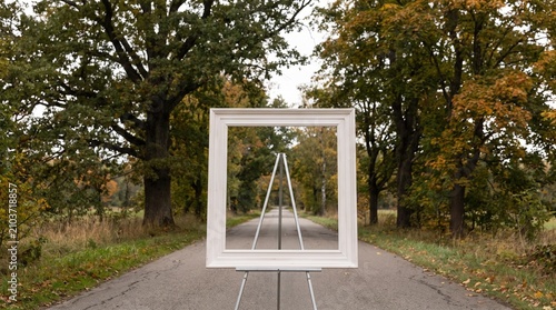 Empty Picture Frame on Easel Showcasing Autumn Road Landscape.