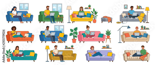 People working on laptops on colorful sofas at home