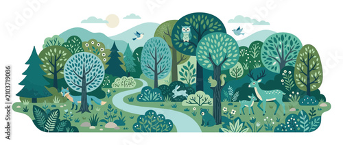 Photography Whimsical Forest Landscape with Animals and Trees