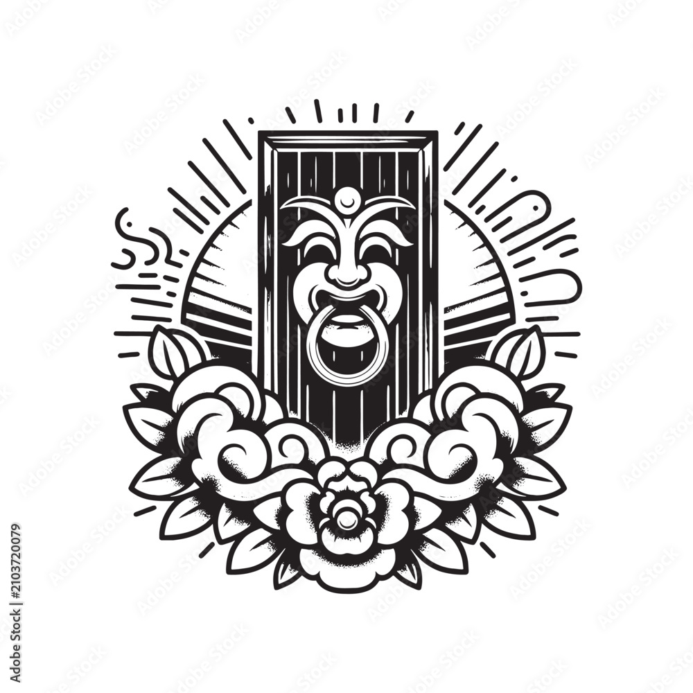 Fototapeta premium Traditional Tattoo Style Cartoon Illustration of a Mythical Face