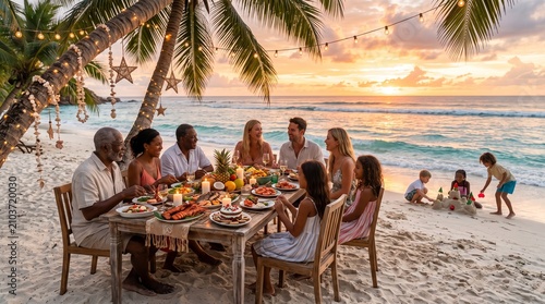 Happy multigenerational family gathering for a festive outdoor dinner at tropical beach resort during a beautiful sunset holiday travel celebration