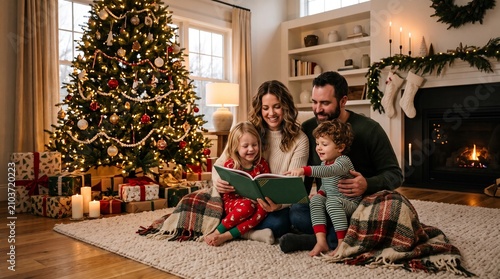 Happy family with young children reading story book together by illuminated christmas tree and cozy fireplace during winter holiday celebration at home