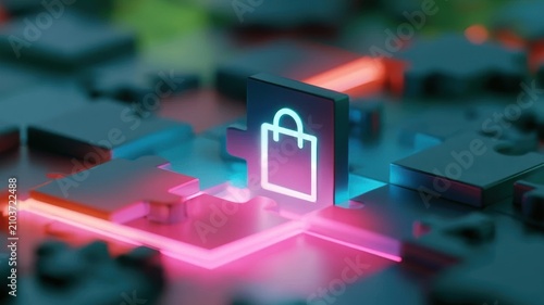 3d neon puzzle board with the final piece as a bright shopping bag icon completing the retail experience