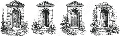 engraving old stone doorways vintage architectural entrances with plants and brick details