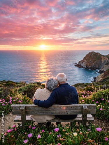 An Elderly Couple Sharing a Quiet Moment While Watching the Breathtaking Sunset by the Ocean