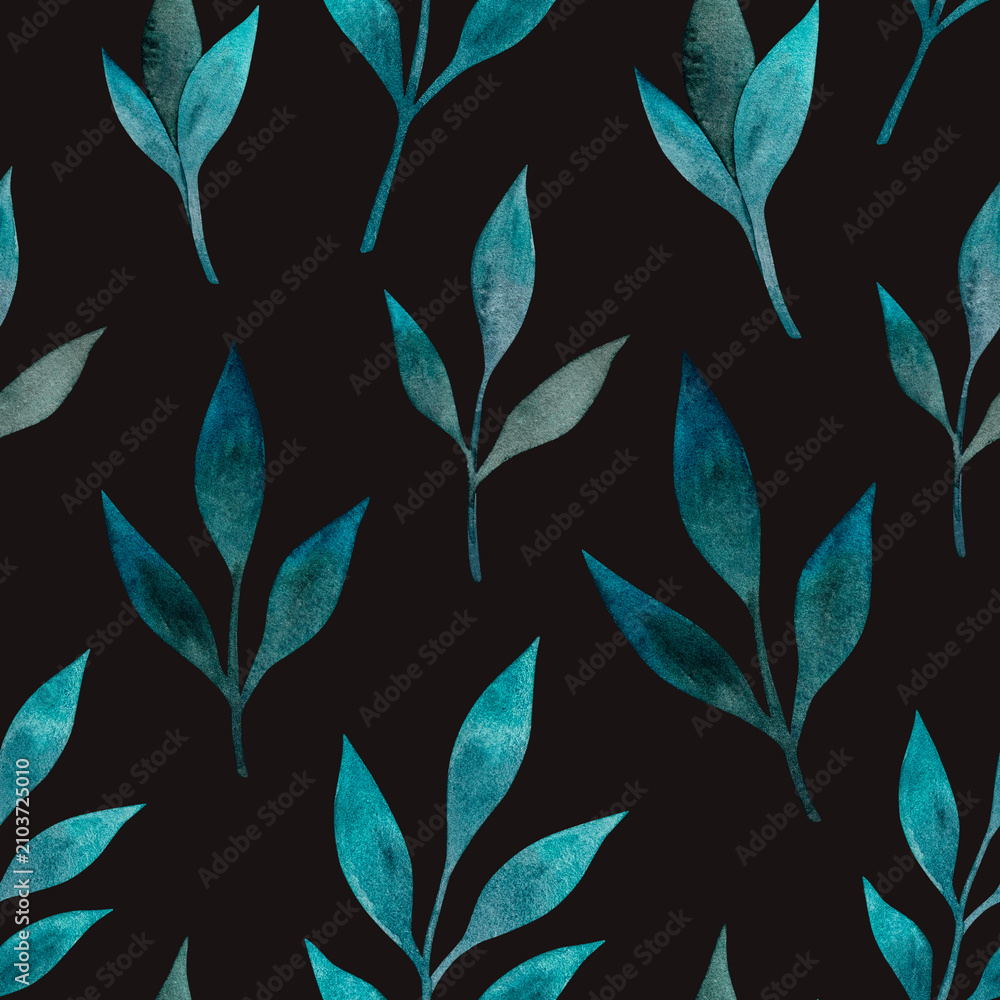Fototapeta premium Watercolor seamless pattern with turquoise leaves on a dark background.