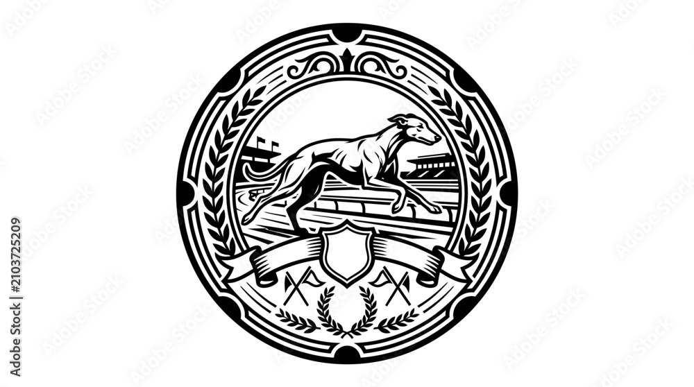 Fototapeta premium Highly detailed greyhound racing crest with ornate borders.