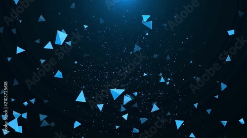 geometric 3d shape falling down on blue glowing particle background
