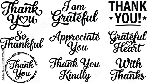 Tableau sur toile Thank You Hand Lettering Typography Text Set with Grateful Expressions Quotes fo
