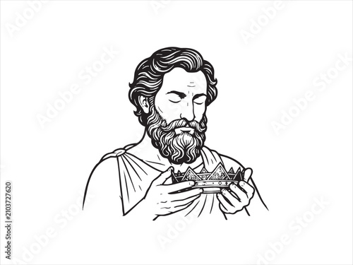 Obraz na plátně (Archimedes - Eureka Reflection)Illustrative drawing of a bearded man holding an