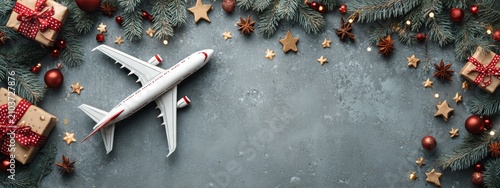 Travel for Christmas. Airplane with Christmas decor. New year. Selective focus. Generative AI,