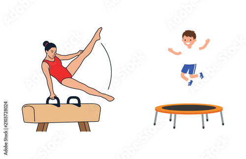 Foto Illustration Featuring a Female Gymnast Performing on a Pommel Horse and a Happy