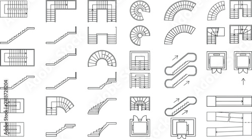 Architectural CAD stair symbol vector library. Staircase plan blocks, circulation layouts, ramps, landings and spiral stair details for floor plans, blueprint drafting and construction documentation