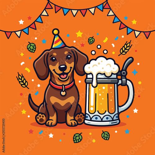 Cute dachshund dog wearing a party hat sitting next to a foamy beer mug.