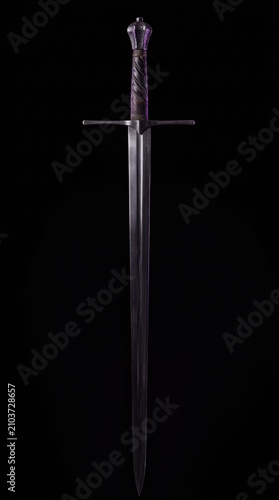 The Darkened Steel Longsword Enveloped in a Mystical Aura of Intense and Glowing Purple Energy
