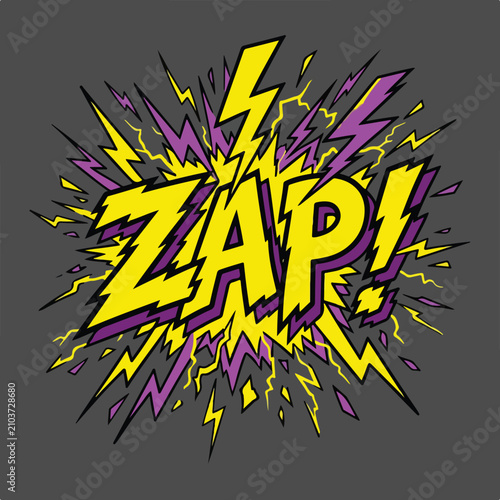 Comic book style ZAP sound effect with yellow and purple lightning bolts.