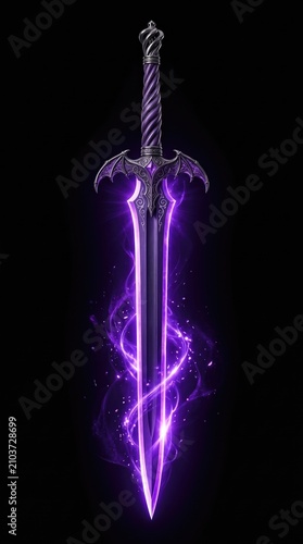 The Darkened Steel Longsword Enveloped in a Mystical Aura of Intense and Glowing Purple Energy