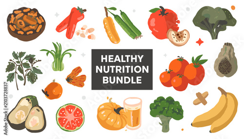 Foto A vibrant collection of healthy fruits, vegetables, and nutritious food items for a balanced diet bundle