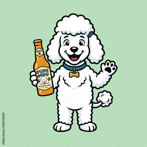 Cartoon white poodle dog mascot holding a beer bottle.