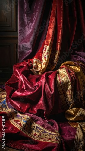Luxurious draped velvet and silk fabric with intricate gold embroidery, still life.