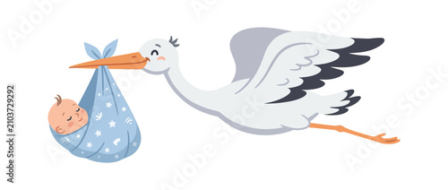 Cartoon stork delivering a baby in blue blanket