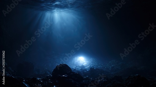 submersible. Deep sea exploration with lights piercing through dark ocean waters. mobility guides, transit brochures, designed for mobility and urban transit guides, improves user orientation.
