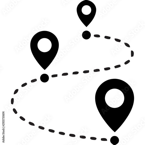 Geographic route navigation path with location map pins navigation location tracking destination direction distance connection traveling transport application technology positioning
