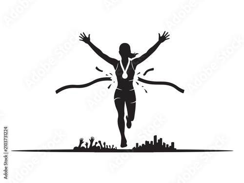 Silhouette of a female runner crossing the finish line with gold medal, champion. Womend's Equality Day