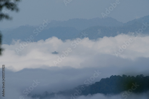 Breathtaking aerial view of misty valleys and lush green tropical rainforest mountains at dawn