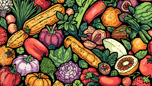 Foto Vibrant hand-drawn illustration of a diverse assortment of fresh fruits and vegetables, showcasing healthy eating and natural produce