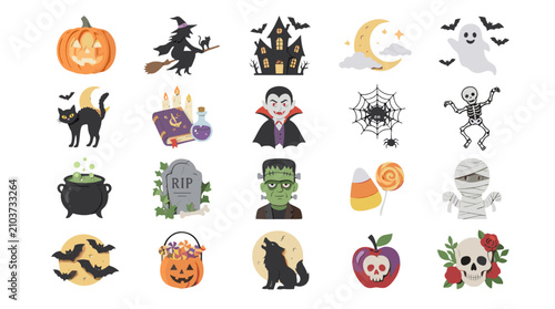 Collection of halloween themed illustrations including pumpkins witches vampires and spooky elements