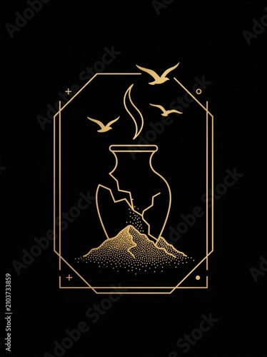 A Gold Line Art Icon Depicting a Broken Vessel With Rising Smoke and Soaring Birds