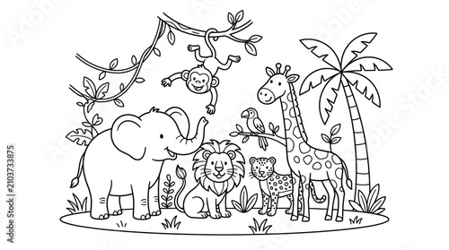 Sticker Jungle animals gathered in tropical forest.