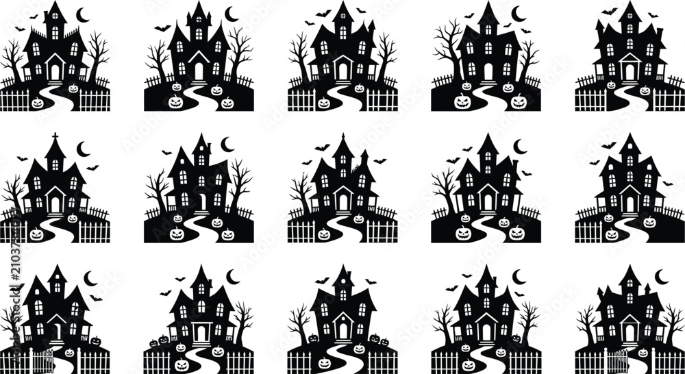 Fototapeta premium Halloween haunted house bundle icon set collection spooky silhouettes for festive designs decorations