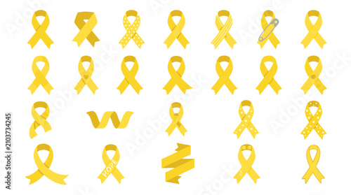 Collection of yellow awareness ribbons symbolizing support and remembrance for causes