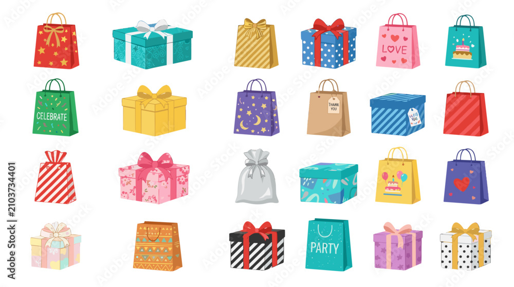 Fototapeta premium Collection of colorful gift boxes and shopping bags with ribbons and bows
