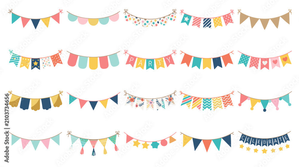 Fototapeta premium Colorful festive bunting garlands hanging on string for celebration and party decoration