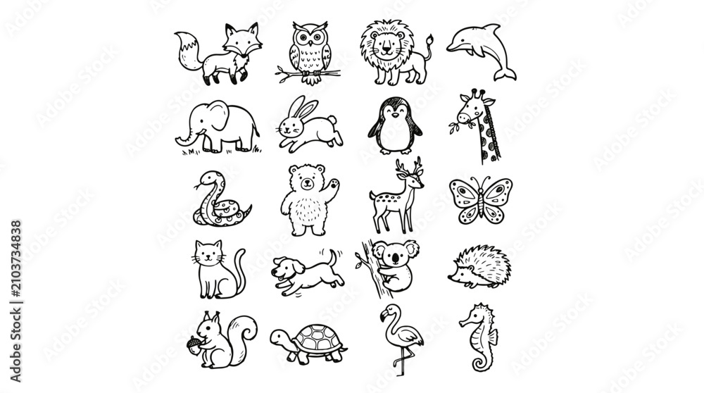 Fototapeta premium Collection of handdrawn animals including cats dogs birds and reptiles