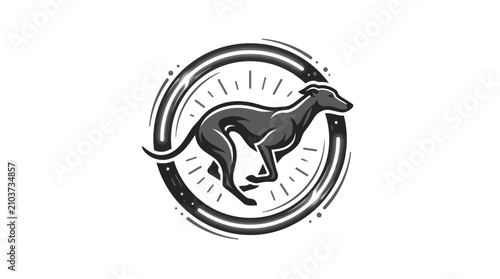 Schilderij op canvas Racing dog silhouette in sunburst circular graphic