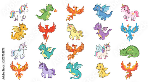 Collection of colorful cartoon unicorns and dragons in various poses and colors