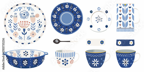 Obraz na płótnie Blue And White Ceramic Kitchenware With Floral Ornament Pattern