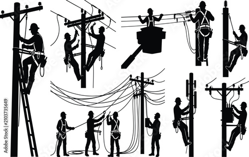 Lineman and electrician silhouettes repairing power line cables on electrical utility poles vector set