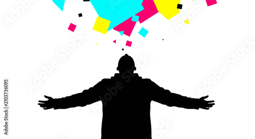 Tableau sur toile Silhouette of Person with Outstretched Arms and Colorful Confetti Celebration